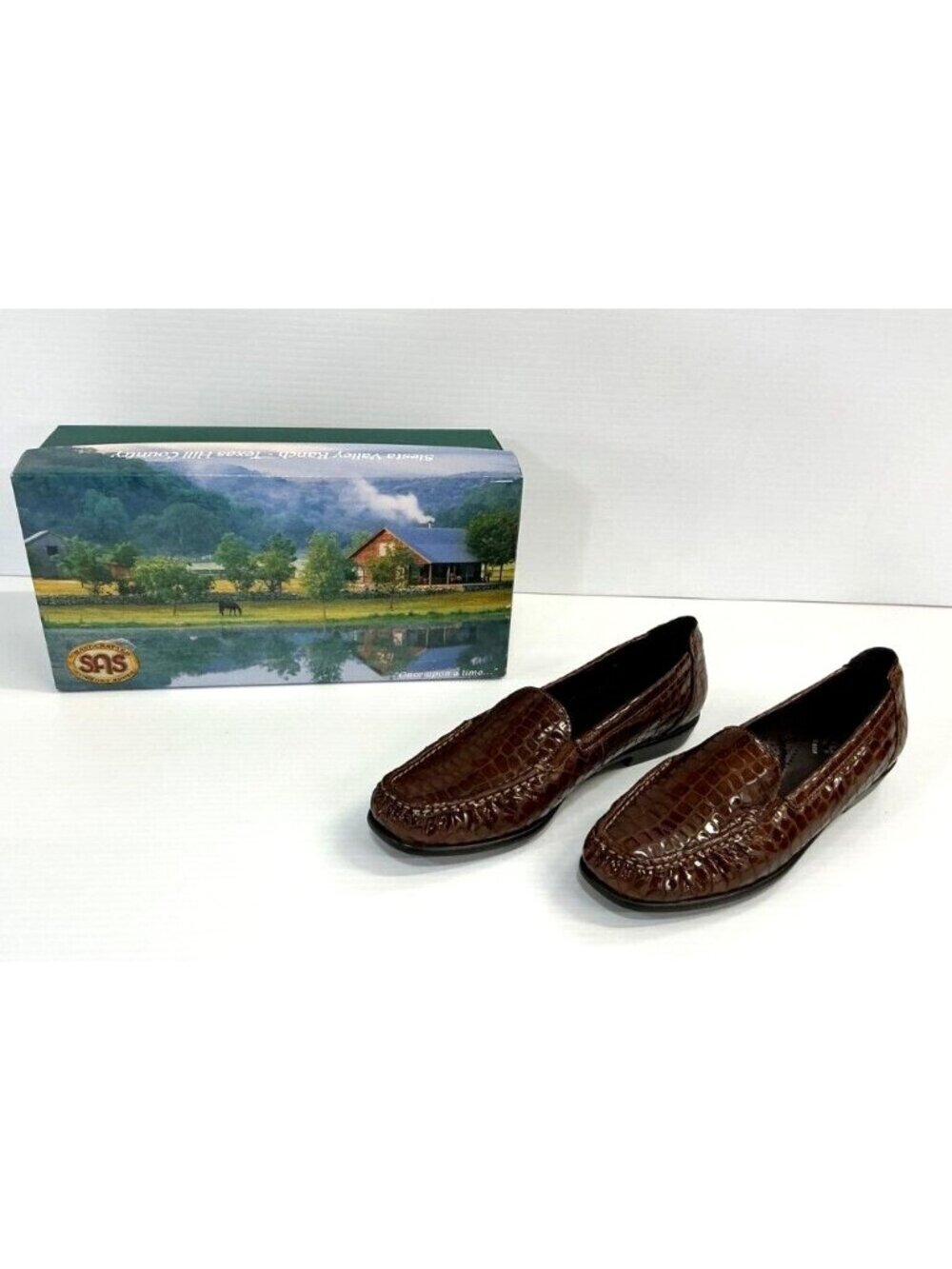 SAS Womens Size 8 N Joy Loafers Cognac Croc Leather Slip On Comfort Flats Shoes